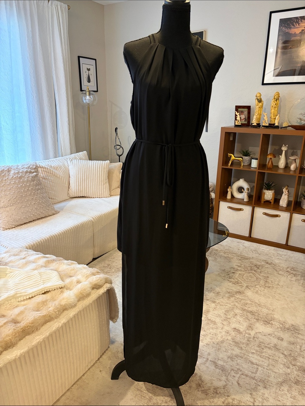 Elegant black high neck dress size small with sheer overlay skirt tie waist NWT